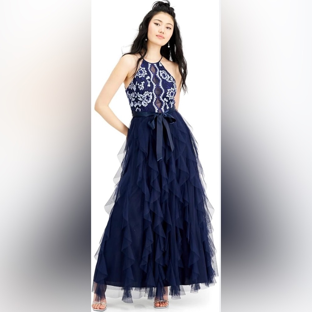 NWT. Teeze Me navy ruffled, full-length layered dress. Size 3/4.